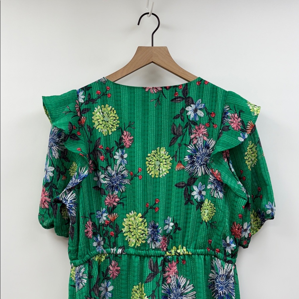 Ann Taylor LOFT Floral Chiffon Tiered V-Neck Midi Dress Green Large - Picture 6 of 10